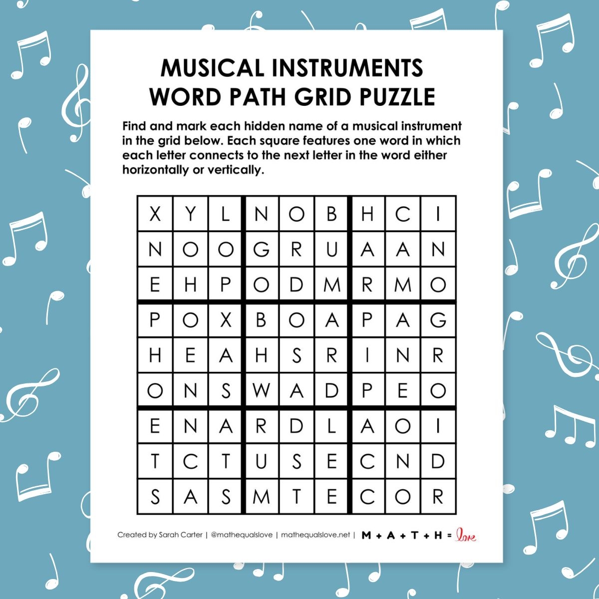 Musical Instruments Word Path Grid Puzzle Math Love