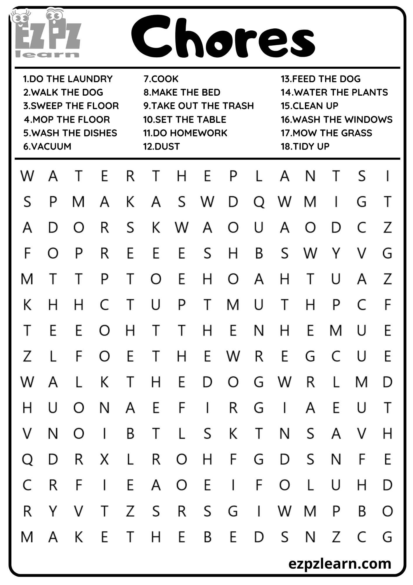 My Chores Vocabulary Word Search 18 Words For Kids And ESL Free PDF Download Ezpzlearn
