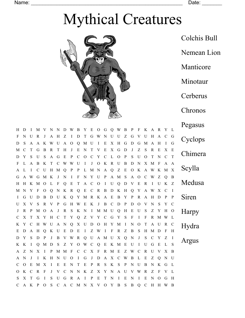 Mythical Creatures Word Search WordMint