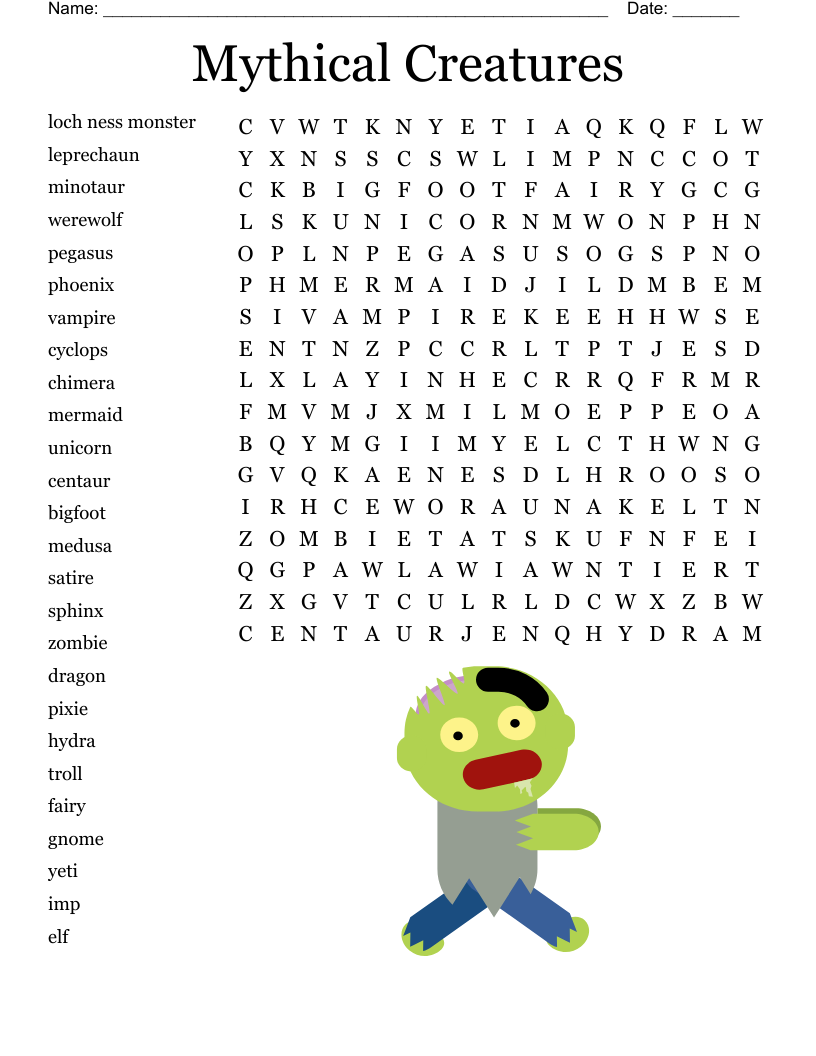 Mythical Creatures Word Search WordMint