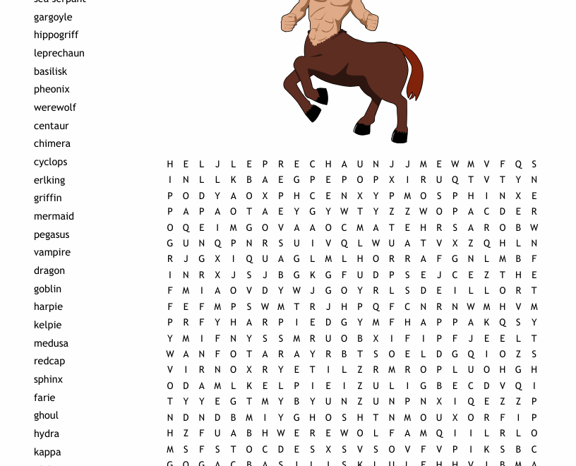 Mythical Creatures Word Search WordMint