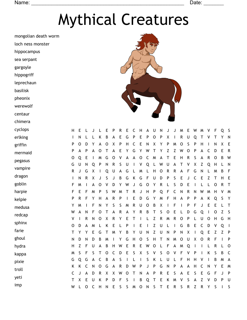 Mythical Creatures Word Search WordMint