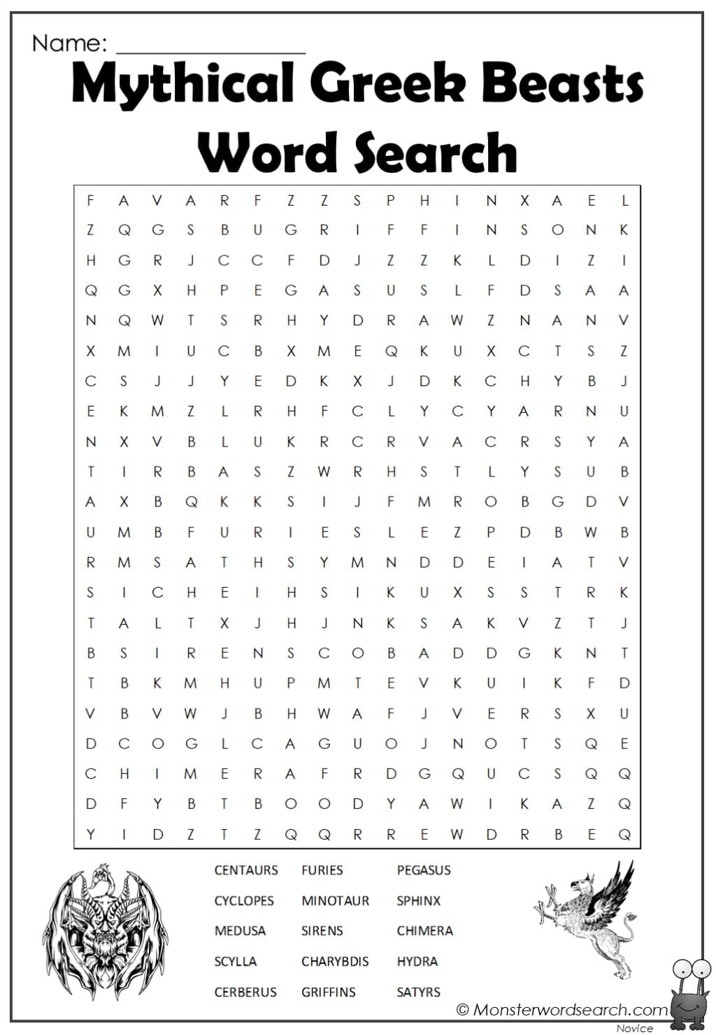 Mythical Greek Beasts Word Search Monster Word Search