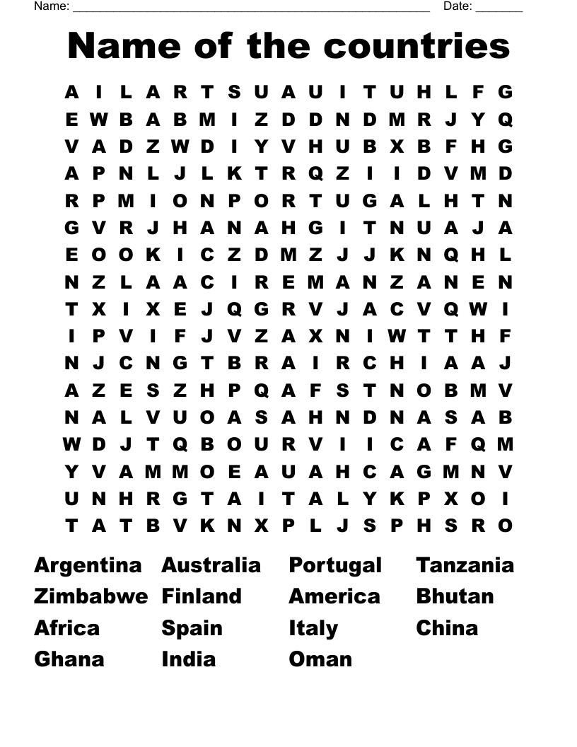 Name Of The Countries Word Search WordMint