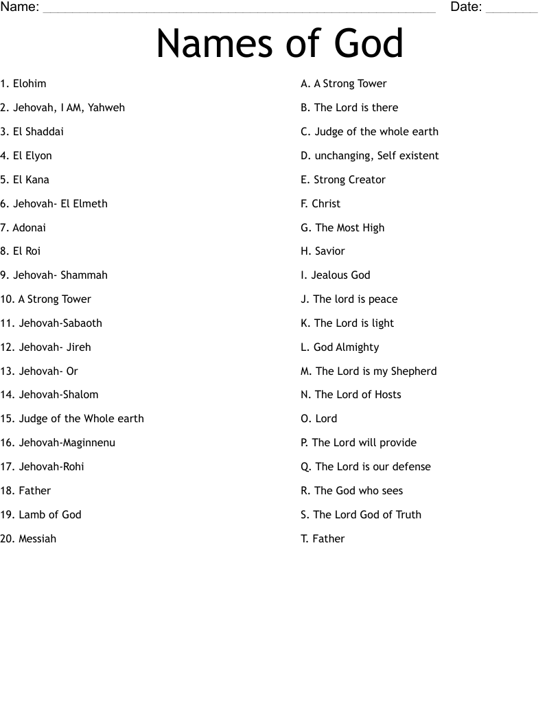 Names Of God Worksheet WordMint