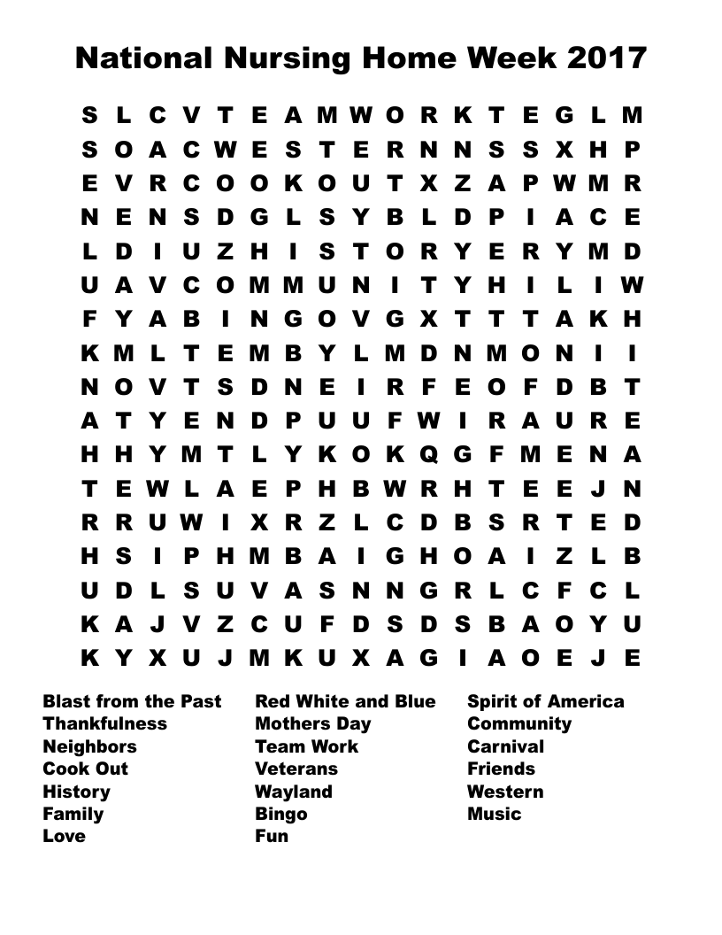 National Nursing Home Week 2017 Word Search WordMint
