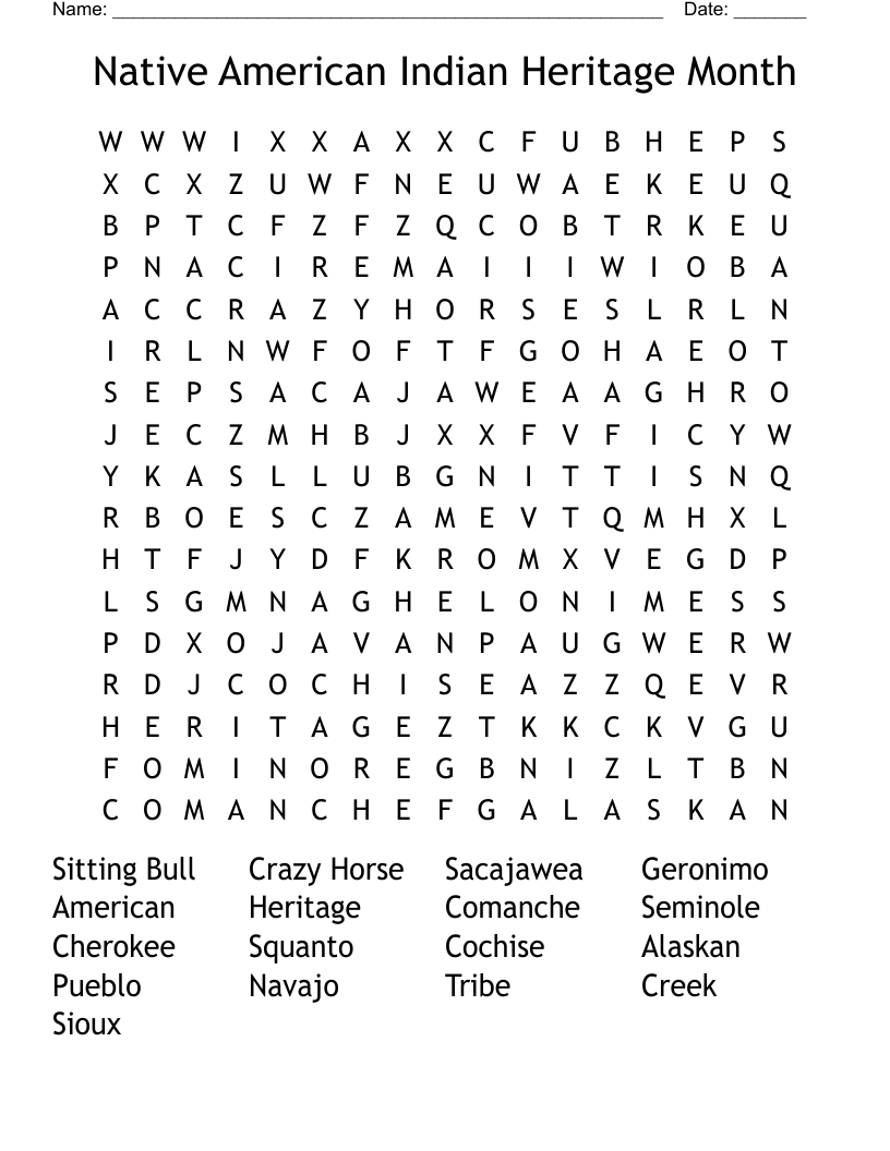 Native American Indian Heritage Month Word Search WordMint