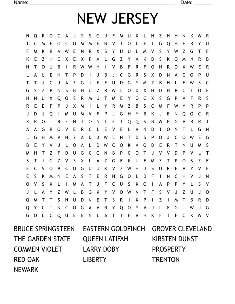 New Jersey Word Search WordMint