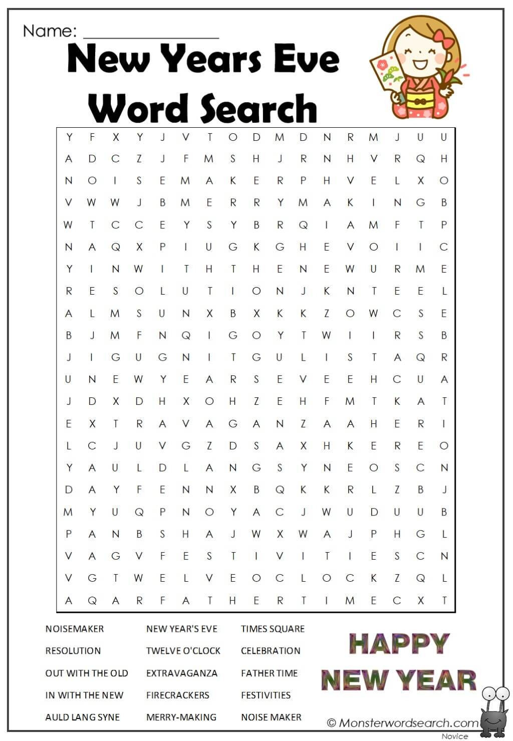 New Years Eve Word Search Monster Word Search Worksheets Library