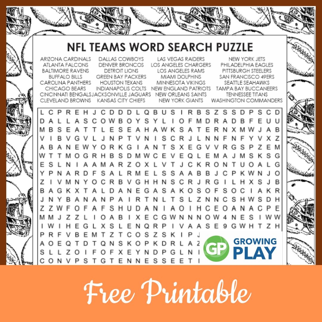 NFL Teams Word Search Puzzle Free Printable Growing Play