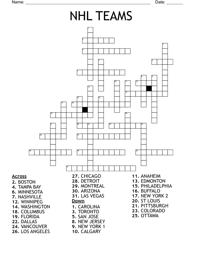 Pro Hockey Team Word Search Printable