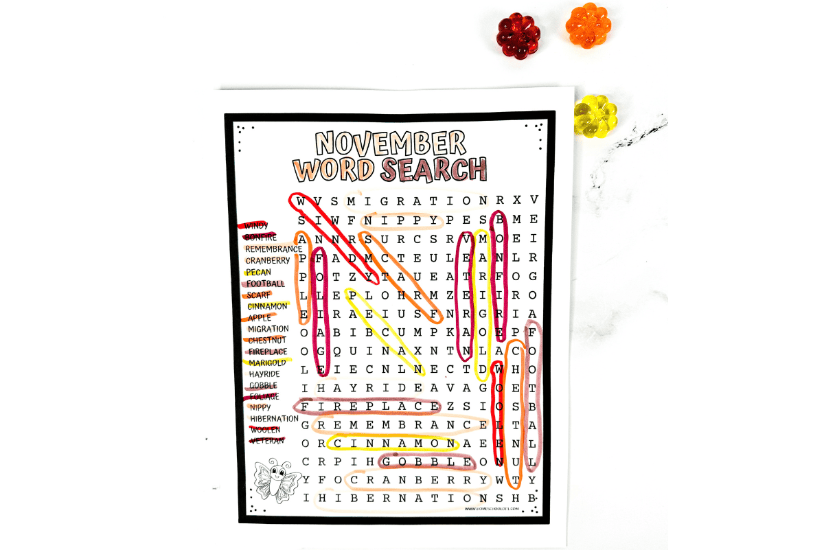 November Word Search Printable Free Worksheet 