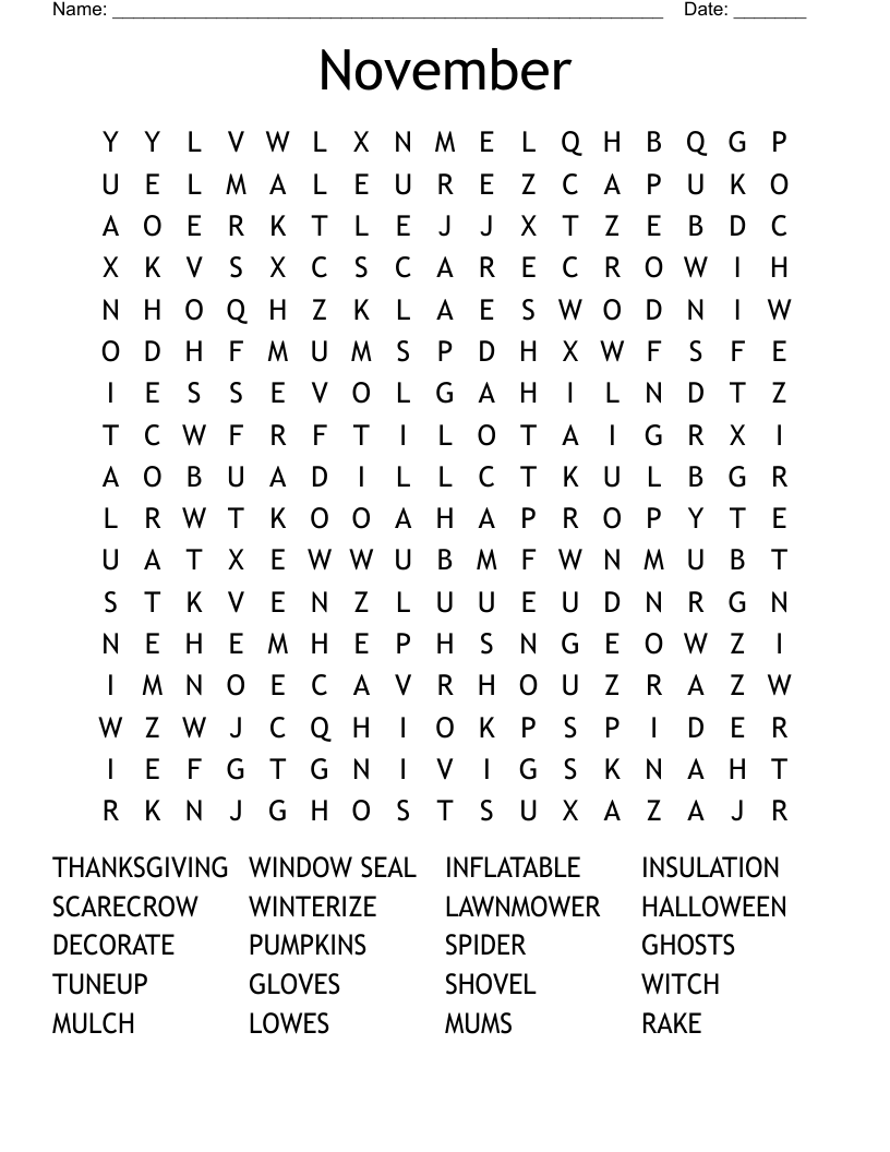 November Word Search WordMint