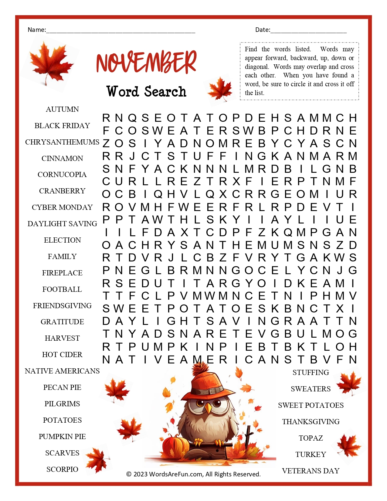November Word Search Free Printable
