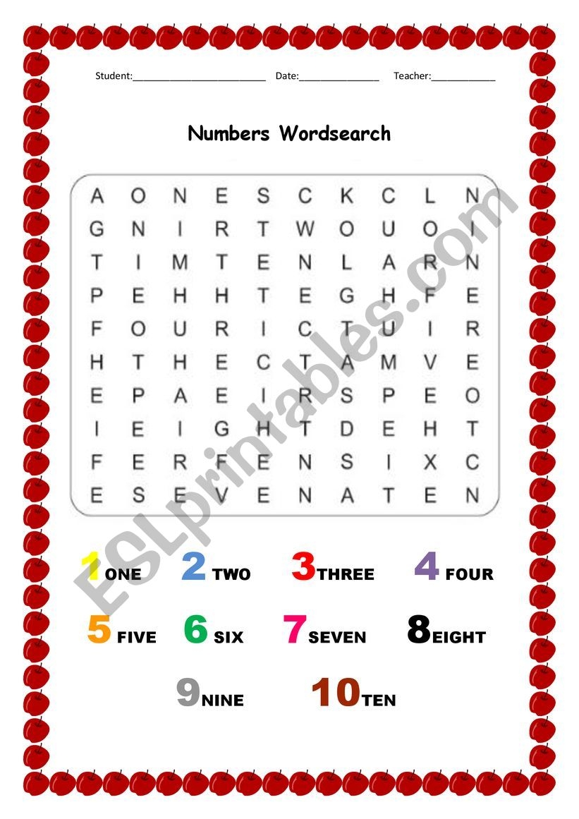 Numbers 1 10 Wordsearch ESL Worksheet By Aline Barros