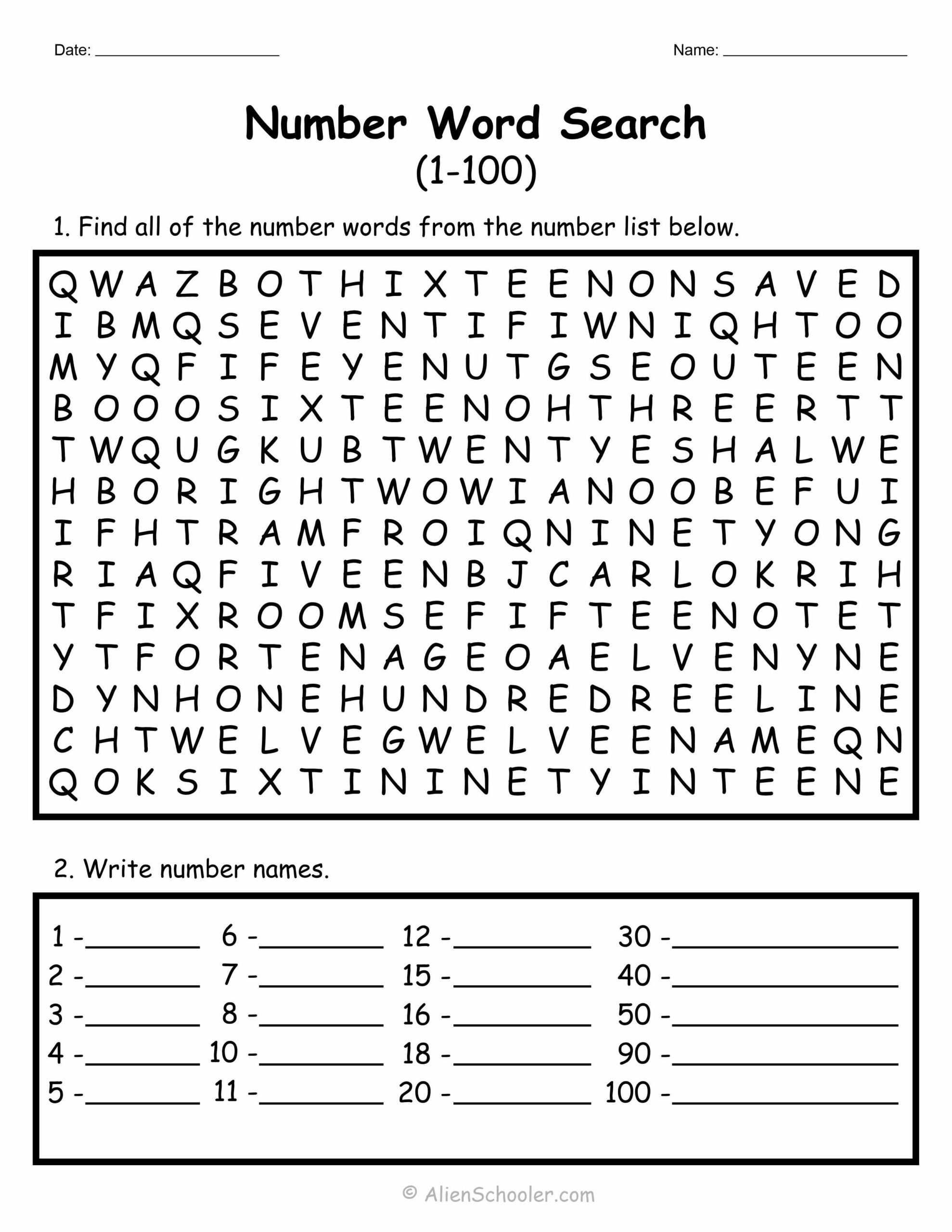 Numbers 1 100 Word Search Printable Puzzle Alien Schooler