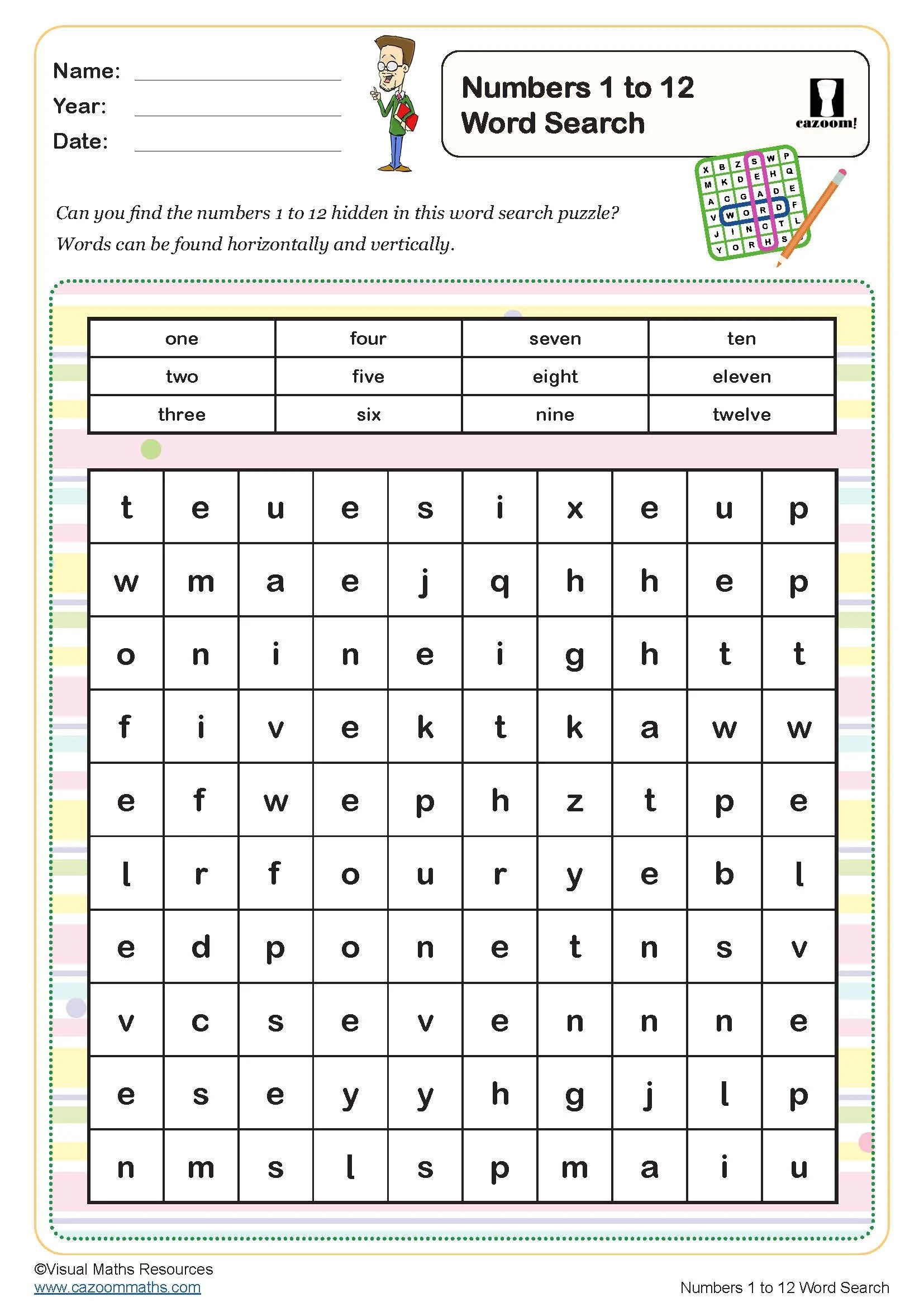 Numbers 1 To 12 Word Search Puzzle FREE Teaching Resources