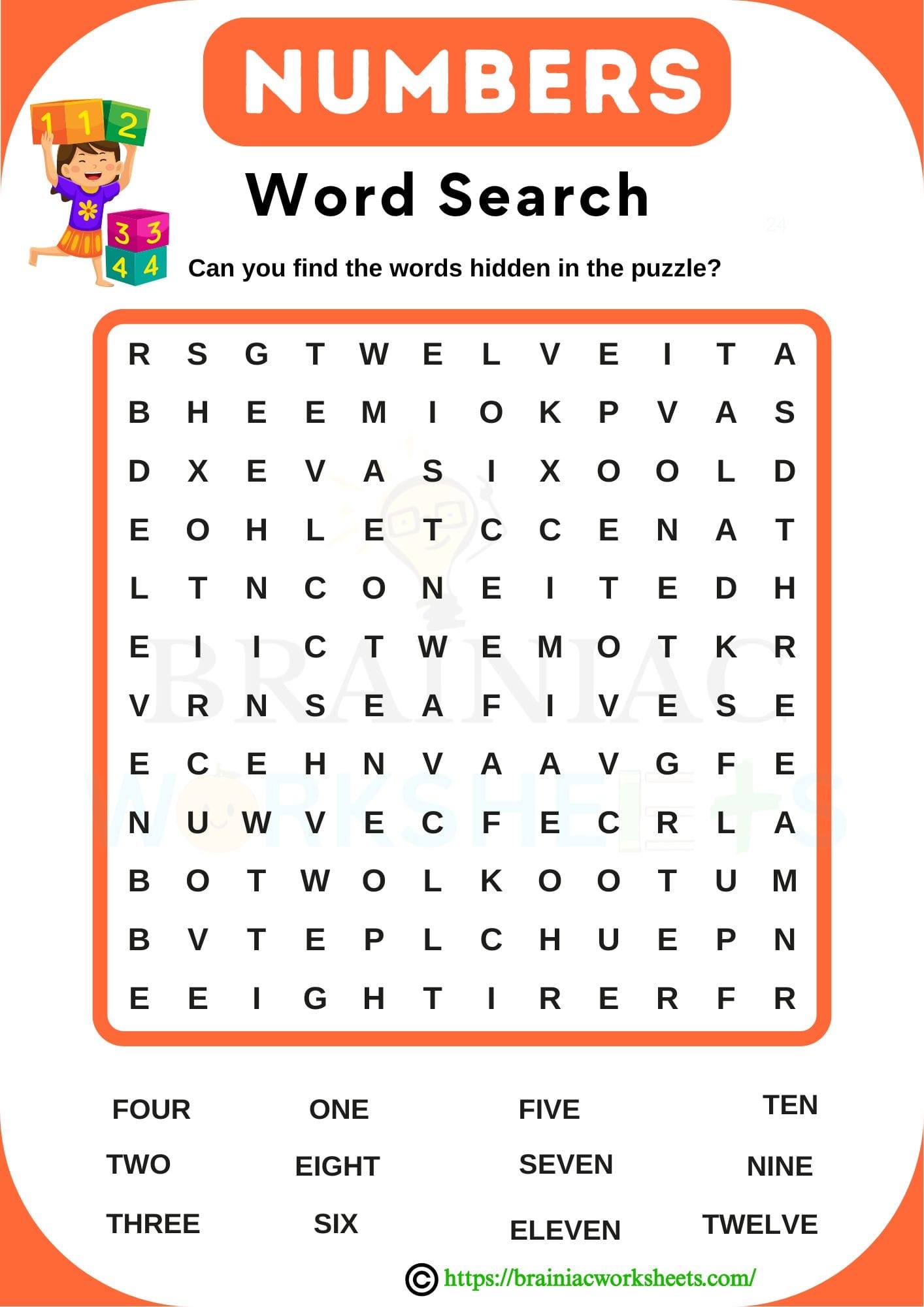 Numbers From 1 To 12 Word Search Maths Worksheet For Class 1 Brainiac Worksheets
