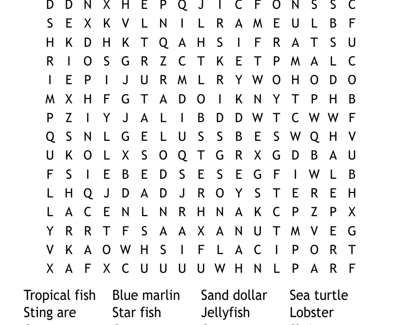 Ocean Animals Word Search WordMint