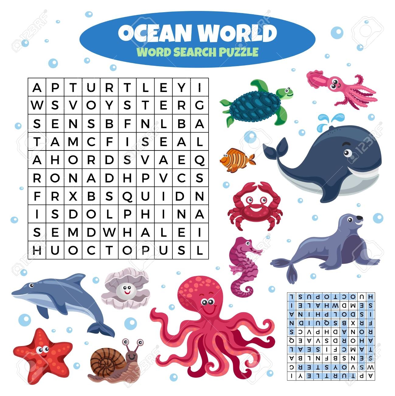 Ocean World Word Search Puzzle Game Design With Funny Smiling Sea Animals Images Print Out Vector Illustration Royalty Free SVG Cliparts Vectors And Stock Illustration Image 141885666 