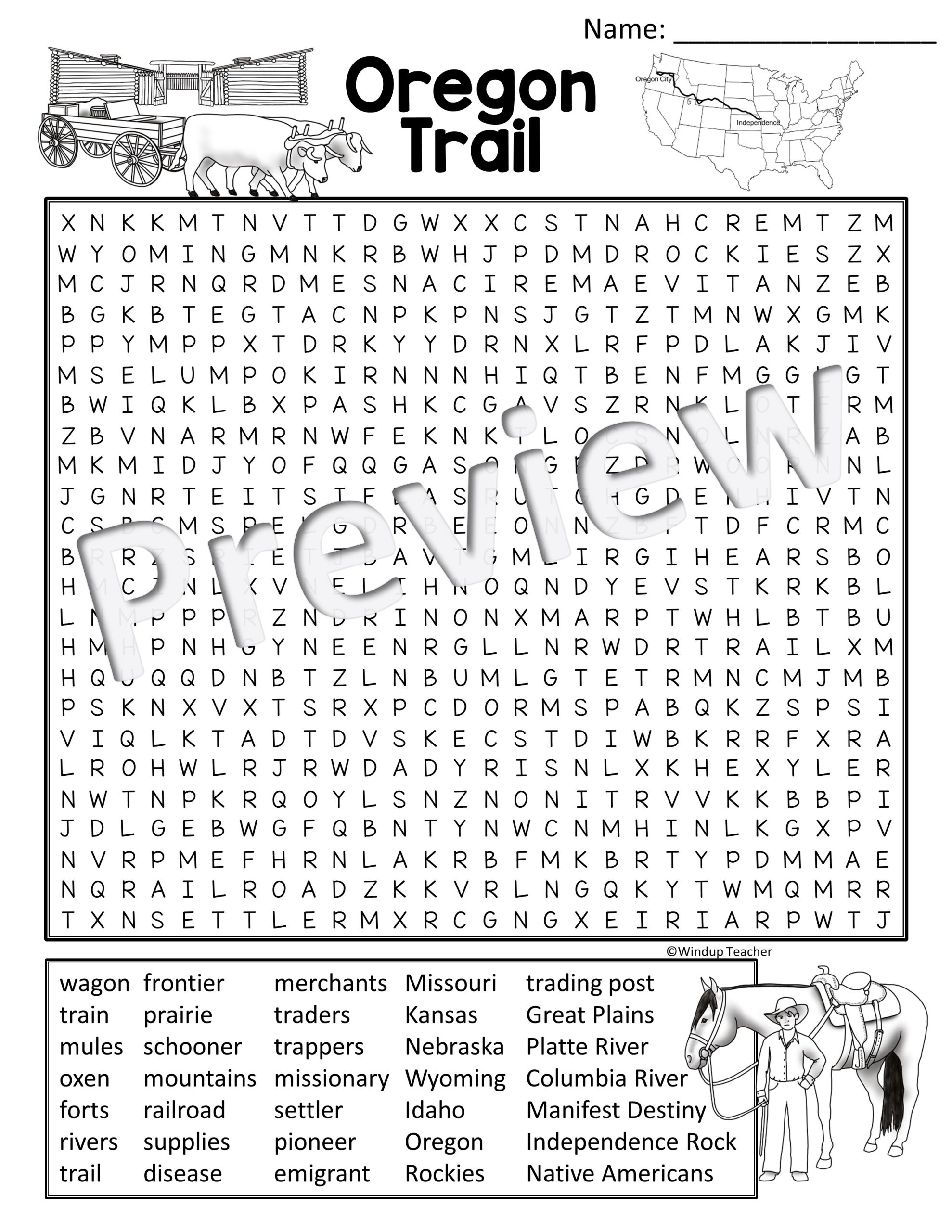 Oregon Trail Word Search Activity Printable Hard For Grades 5 To Adult Made By Teachers
