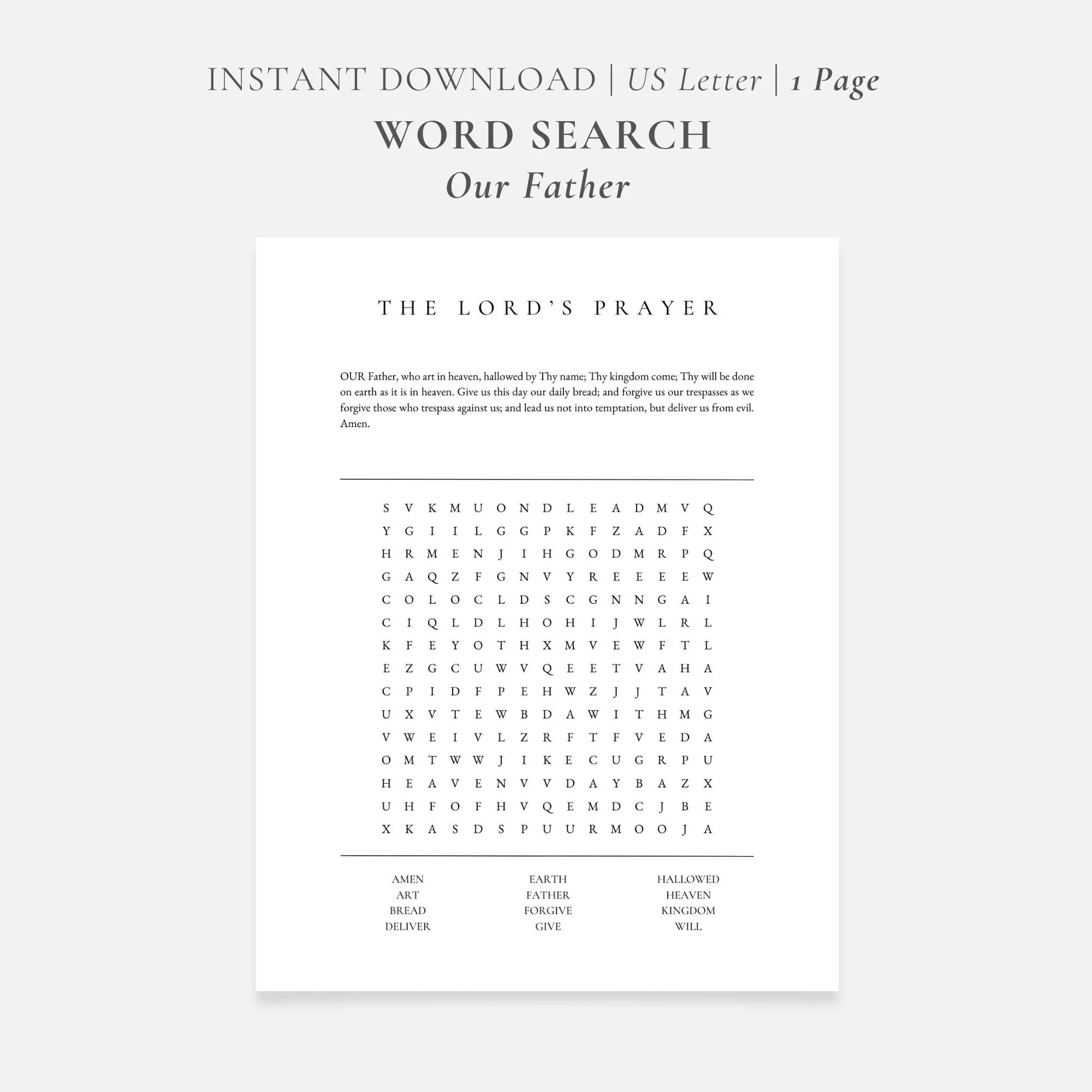 Our Father The Lord s Prayer Catholic Word Search Printable Instant Download Letter Size For Education And Relaxation In Minimalist Style Etsy