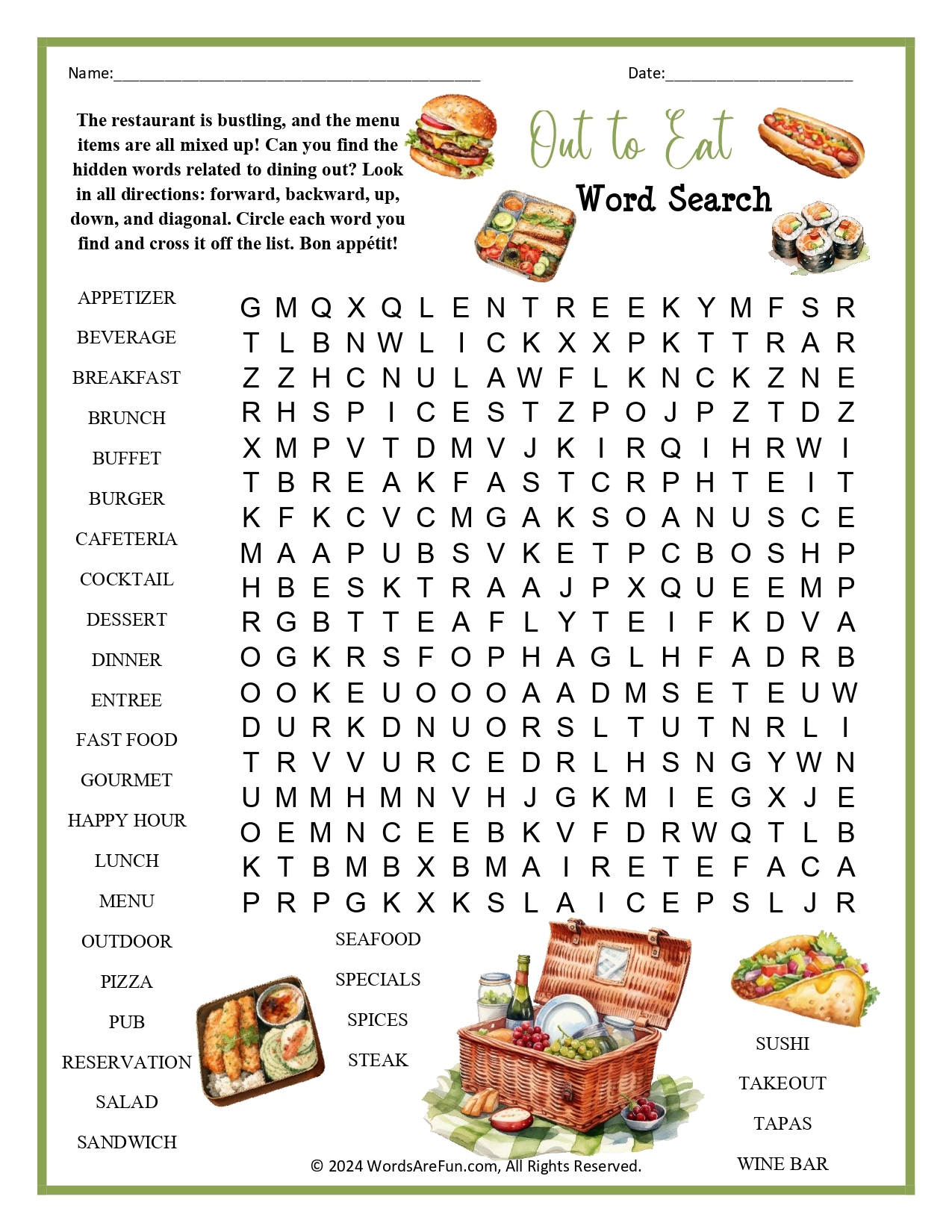 Out To Eat Word Search
