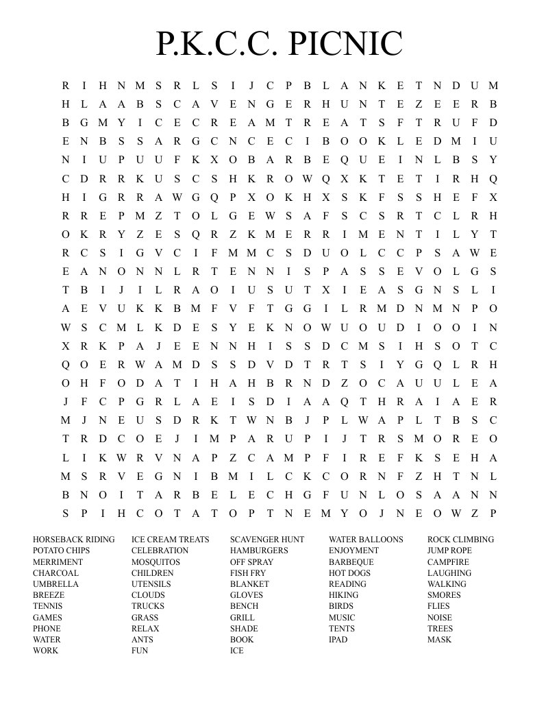 P K C C PICNIC Word Search WordMint