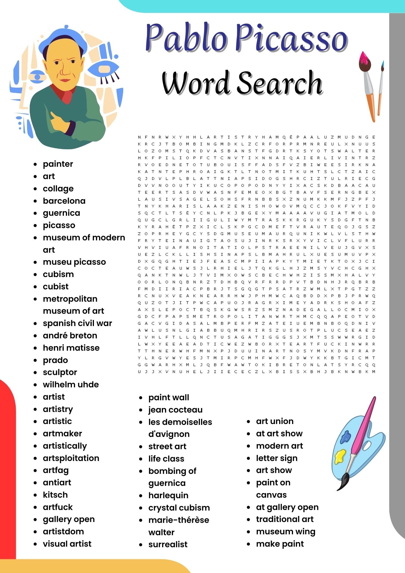 Pablo Picasso Word Search Puzzle Worksheet Activities For Kids Made By Teachers
