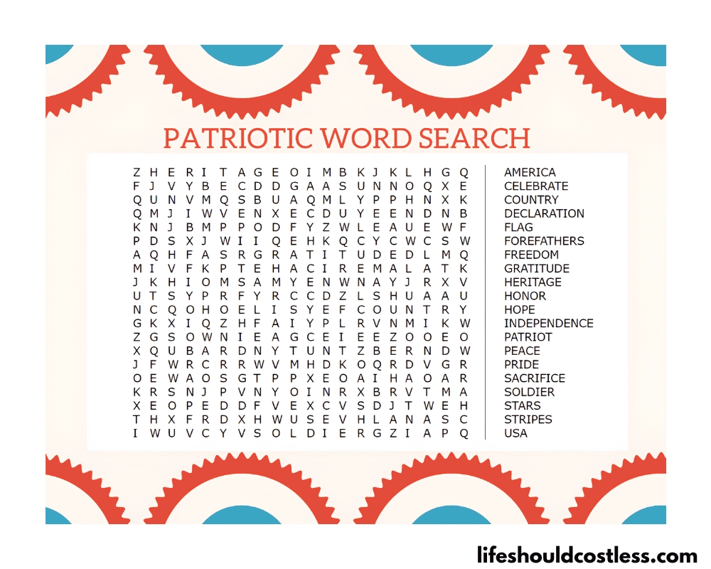 Patriotic Word Search Puzzles free Printable PDF Life Should Cost Less
