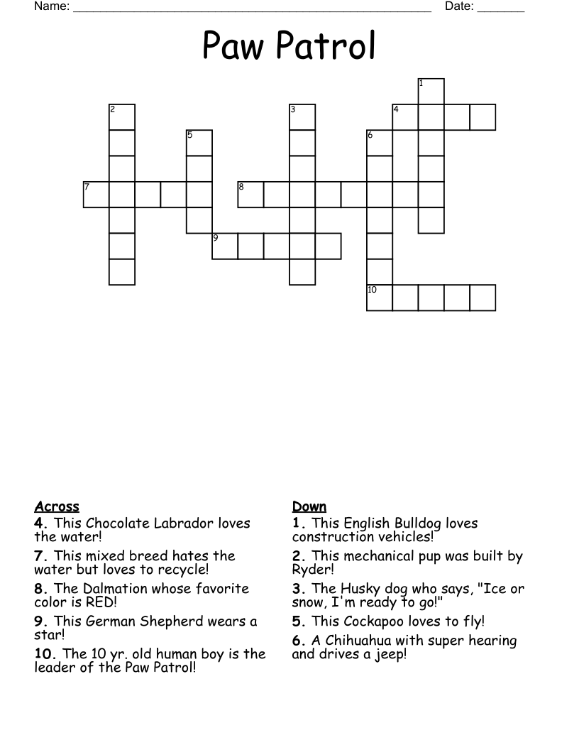 Paw Patrol Crossword WordMint