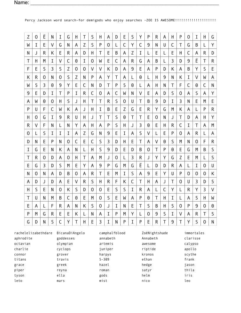 Percy Jackson Word Search for Demigods Who Enjoy Searches ZOE IS AWESOME WordMint