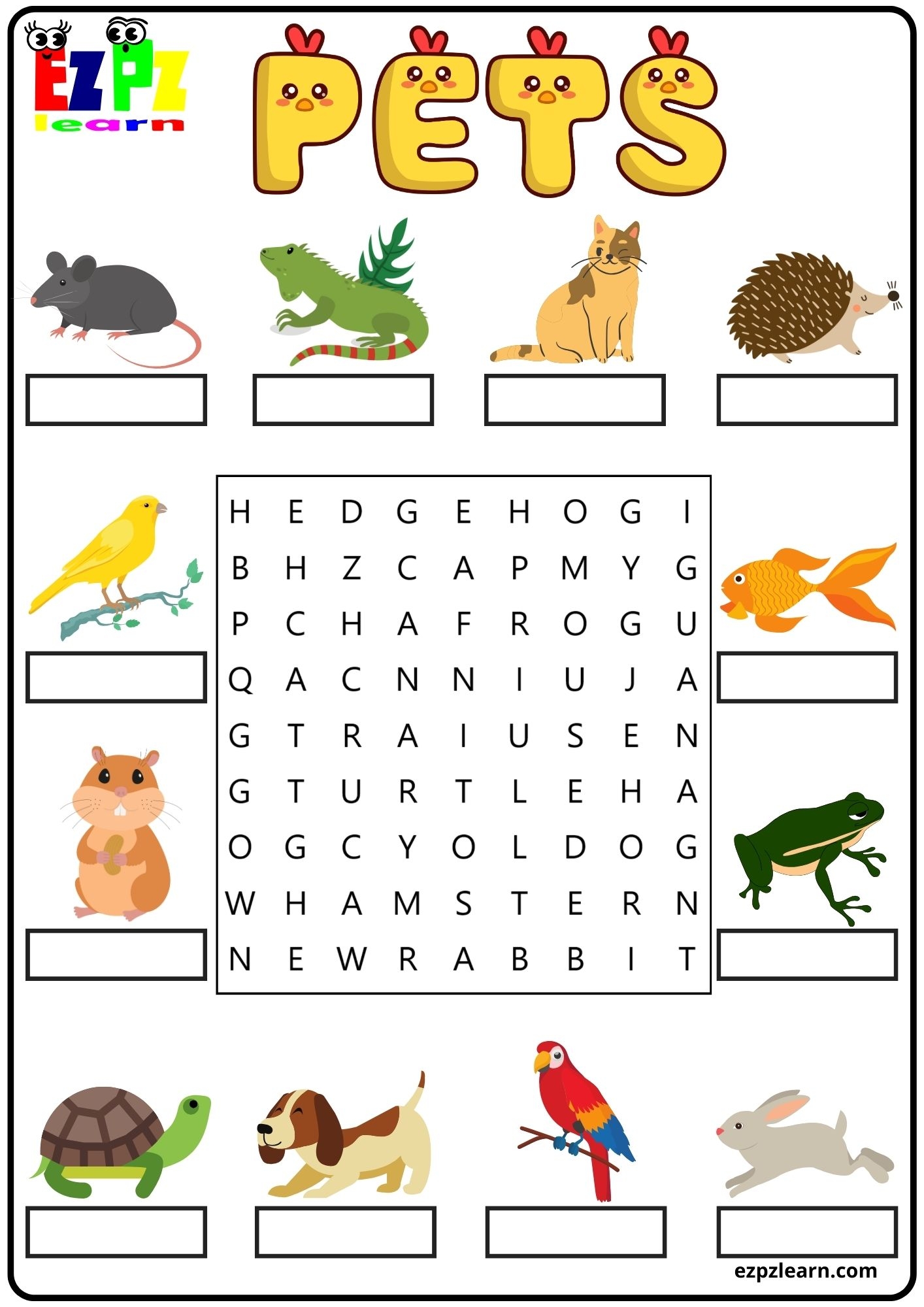 Pets And Animals Vocabulary Word Search And Write The Words Activity For Children And English Language Learners PDF Ezpzlearn