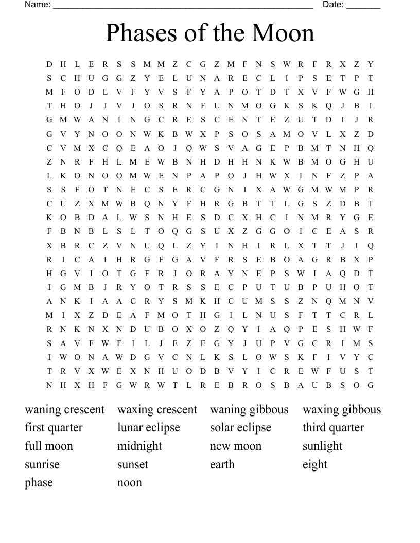 Phases Of The Moon Word Search WordMint