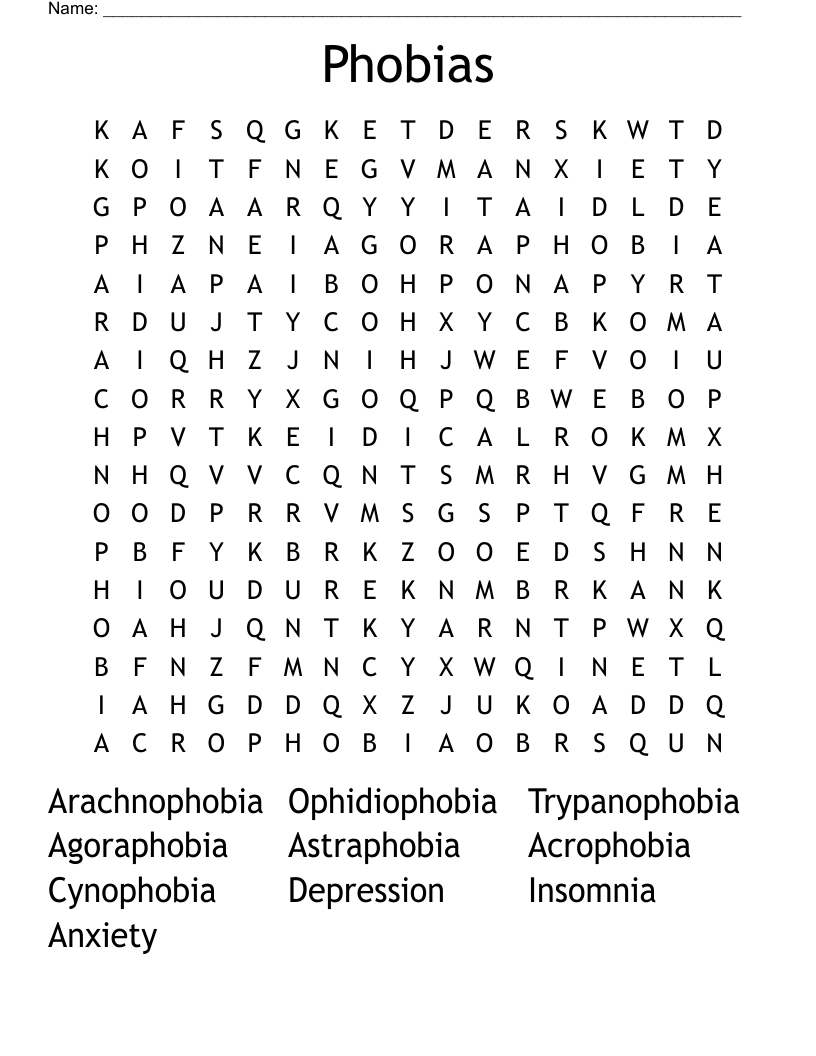 Phobias Word Search WordMint