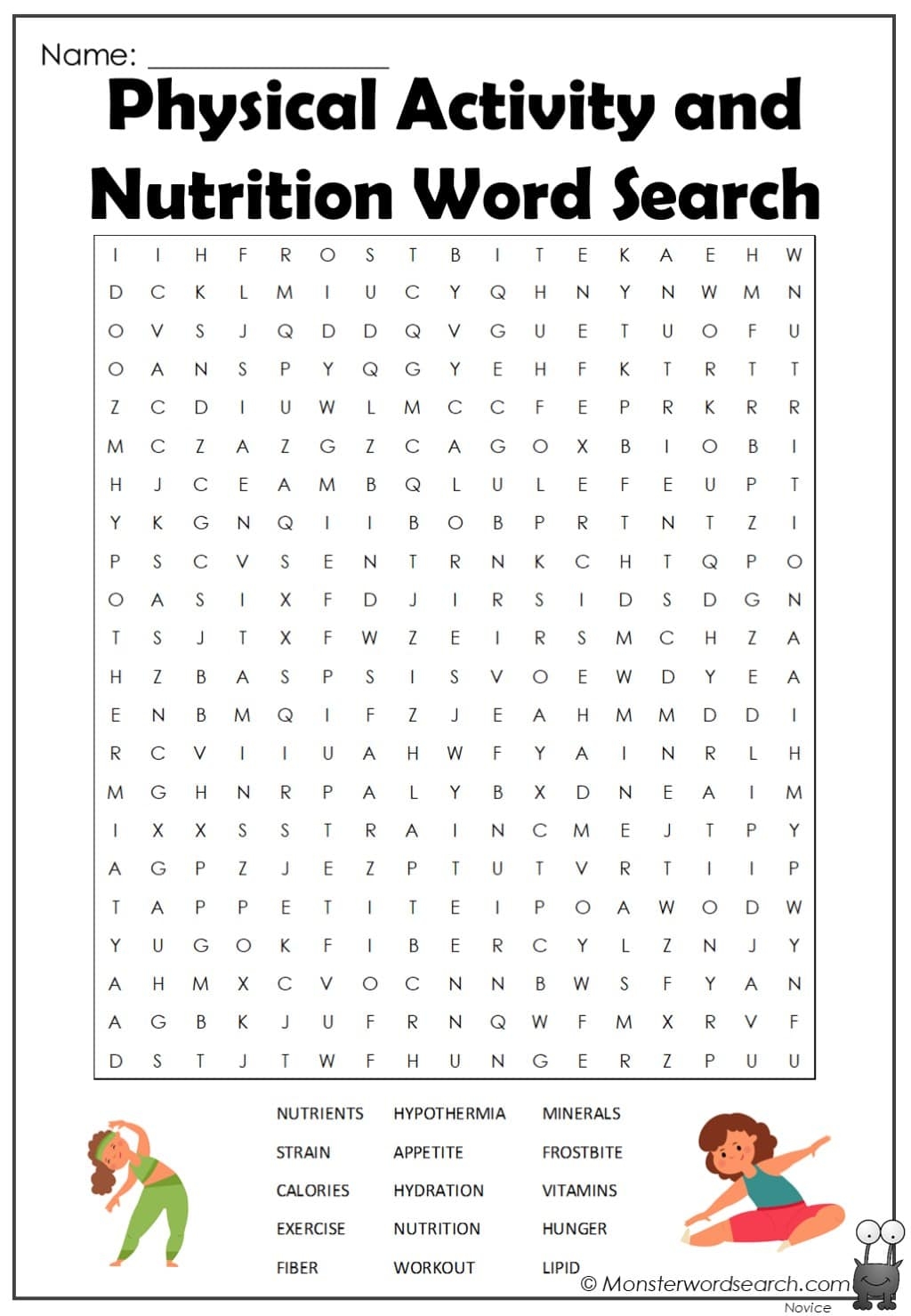 physical activity and nutrition word search monster word search