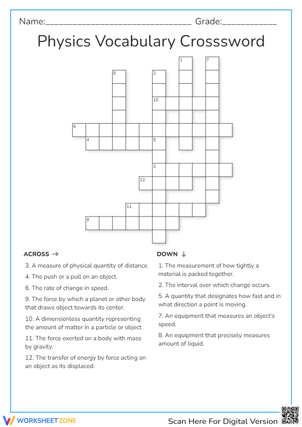 physics vocabulary crossword puzzle worksheet
