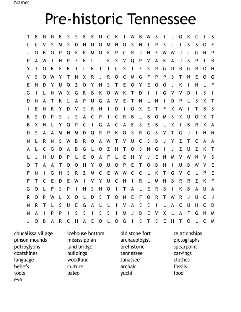 Pre historic Tennessee Word Search WordMint