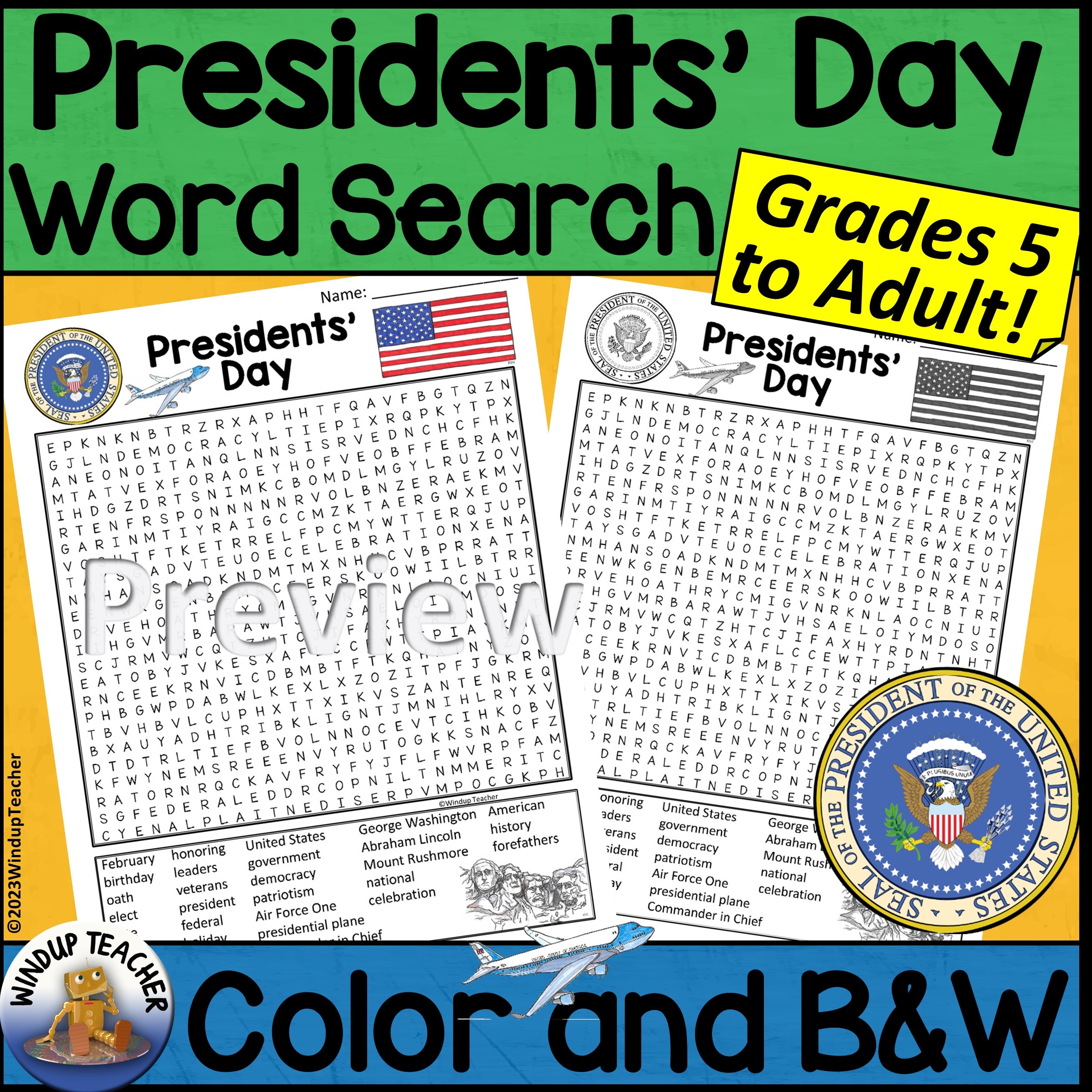 Printable Word Search Presidents Day
