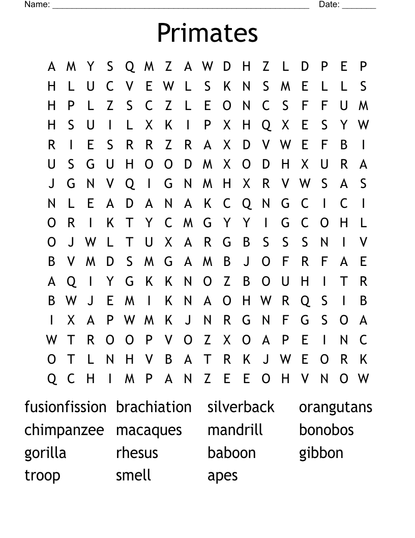 Primates Word Search WordMint