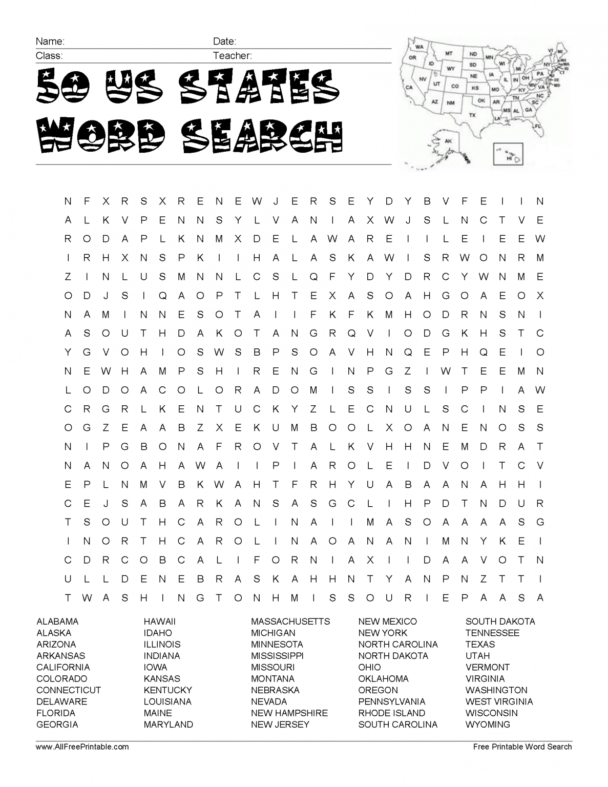 Printable Word Search On States And Capitals