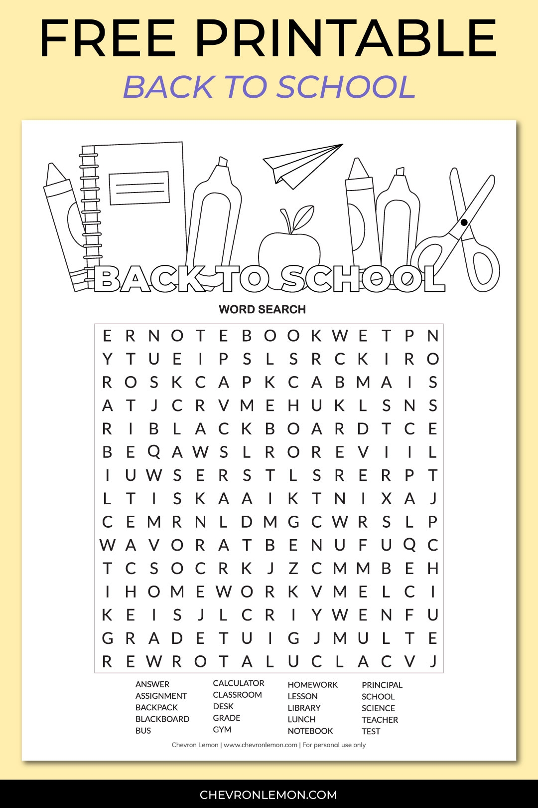 Printable Back To School Word Search Chevron Lemon