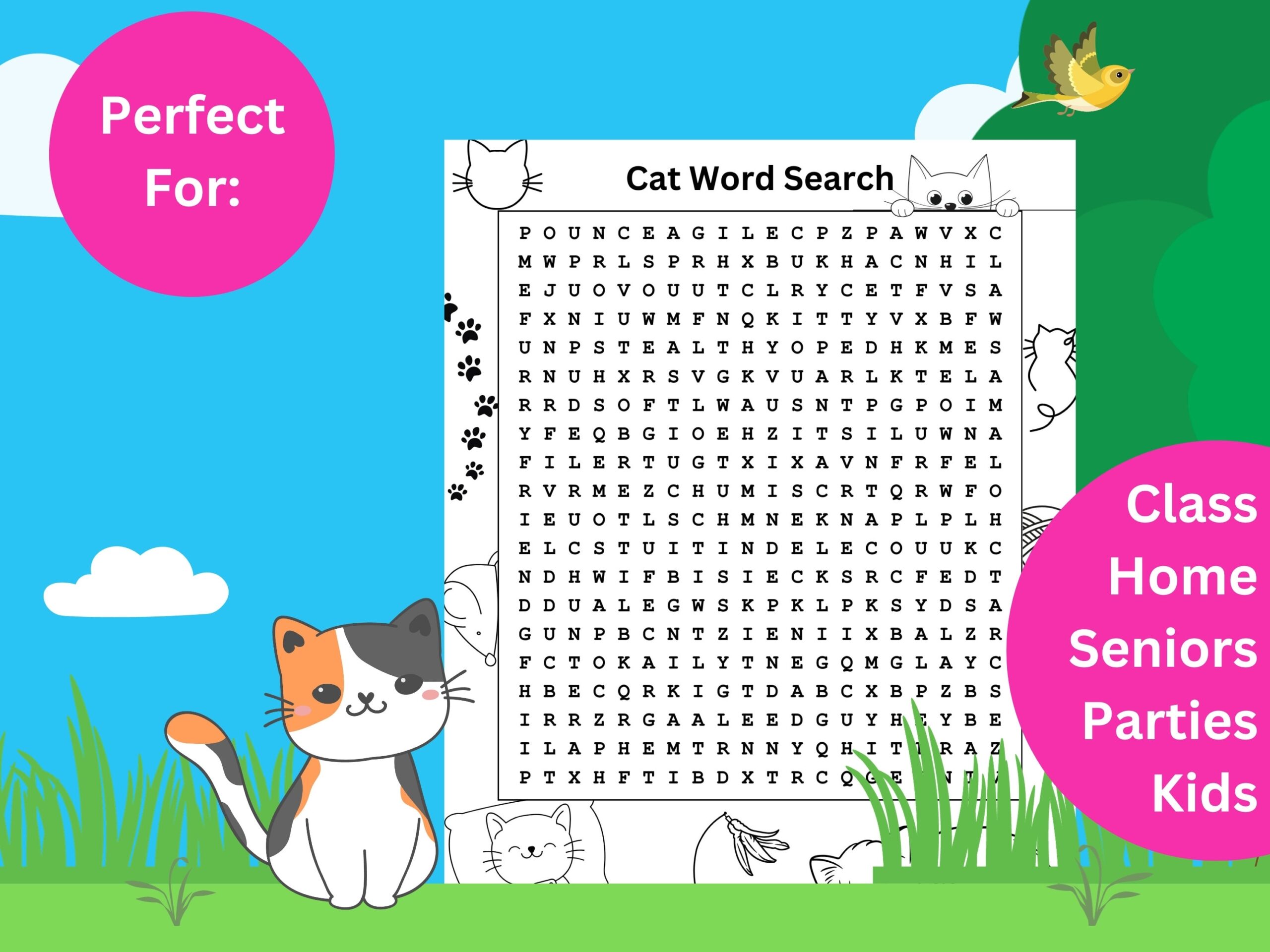 Printable Cat Word Search Puzzle For Kids And Adults Fun Word Game For Parties And Classrooms Cat Instant Download Etsy
