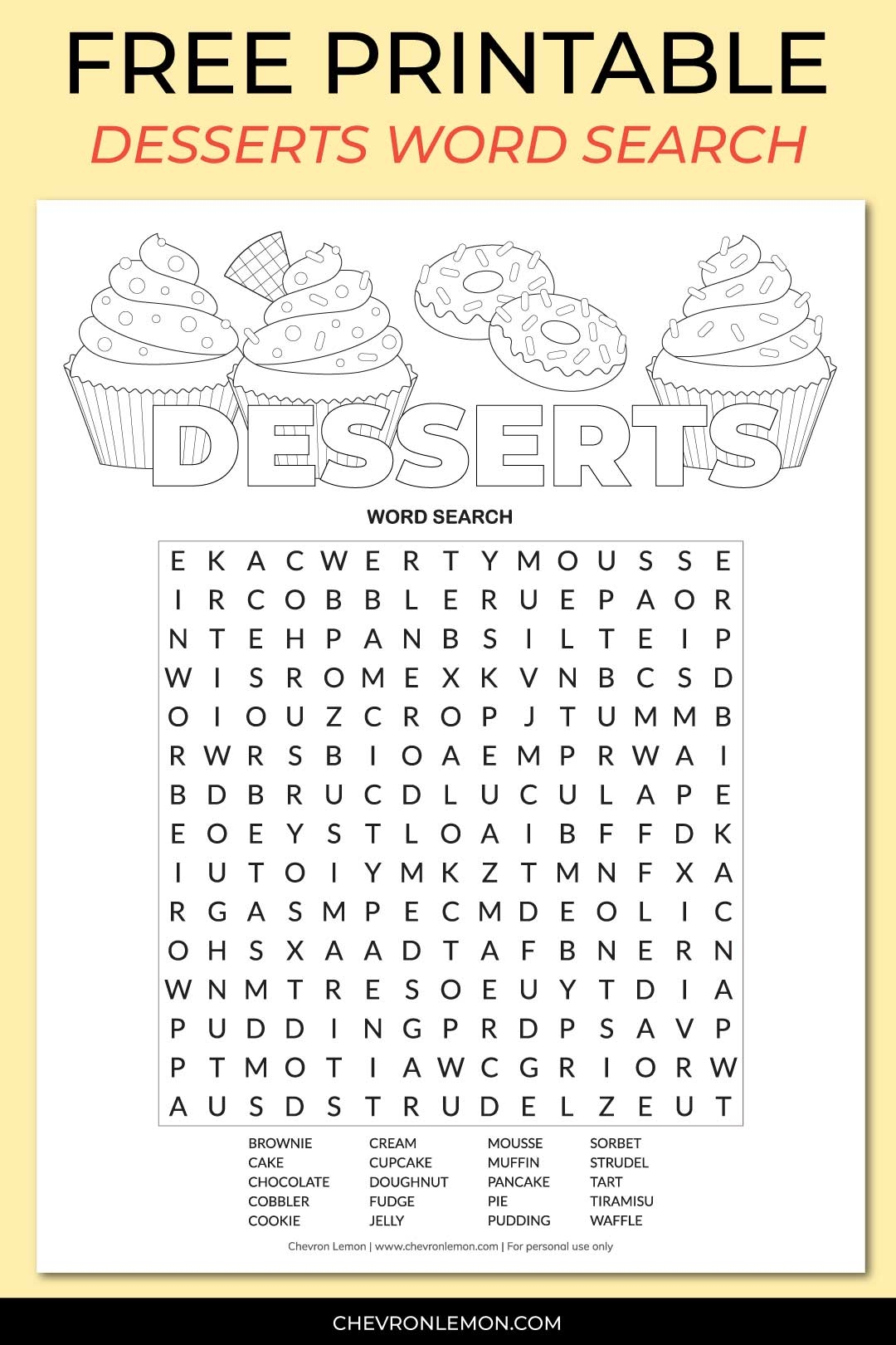 Printable Desserts Word Search Chevron Lemon