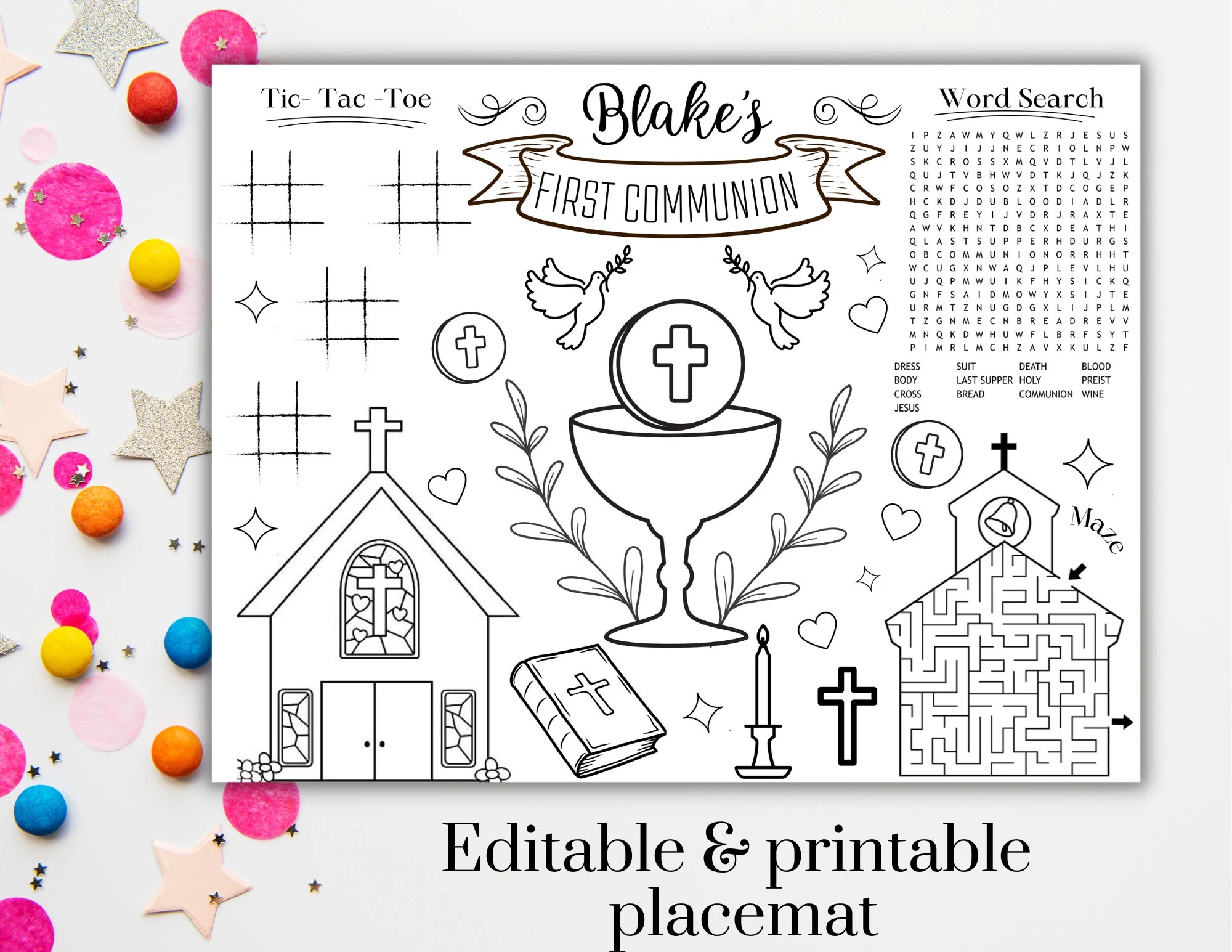 printable first communion coloring placemat digital file printable holy communion activity mat etsy