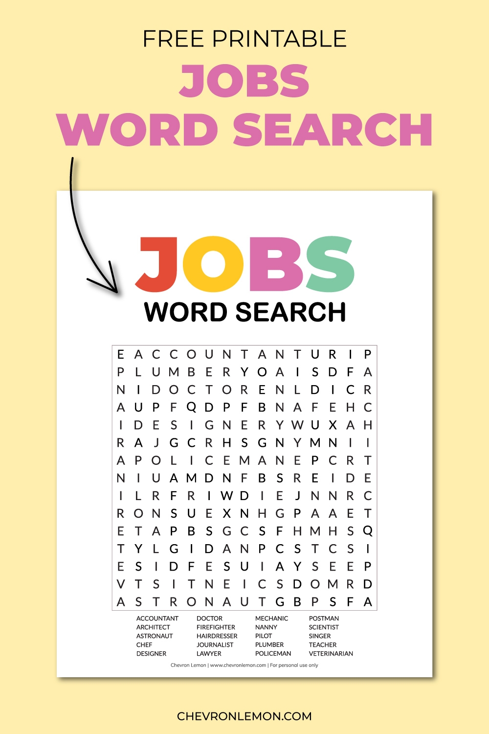 Printable Jobs Word Search Chevron Lemon