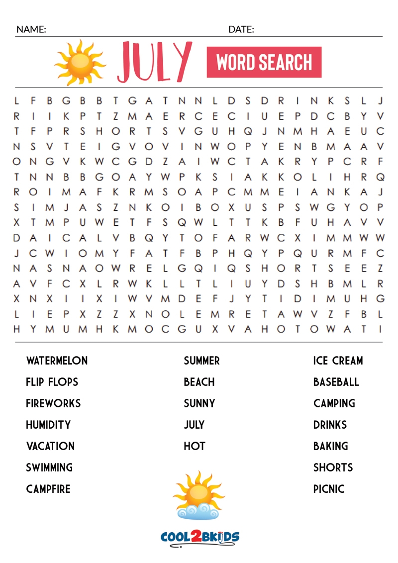 July Word Search Printable