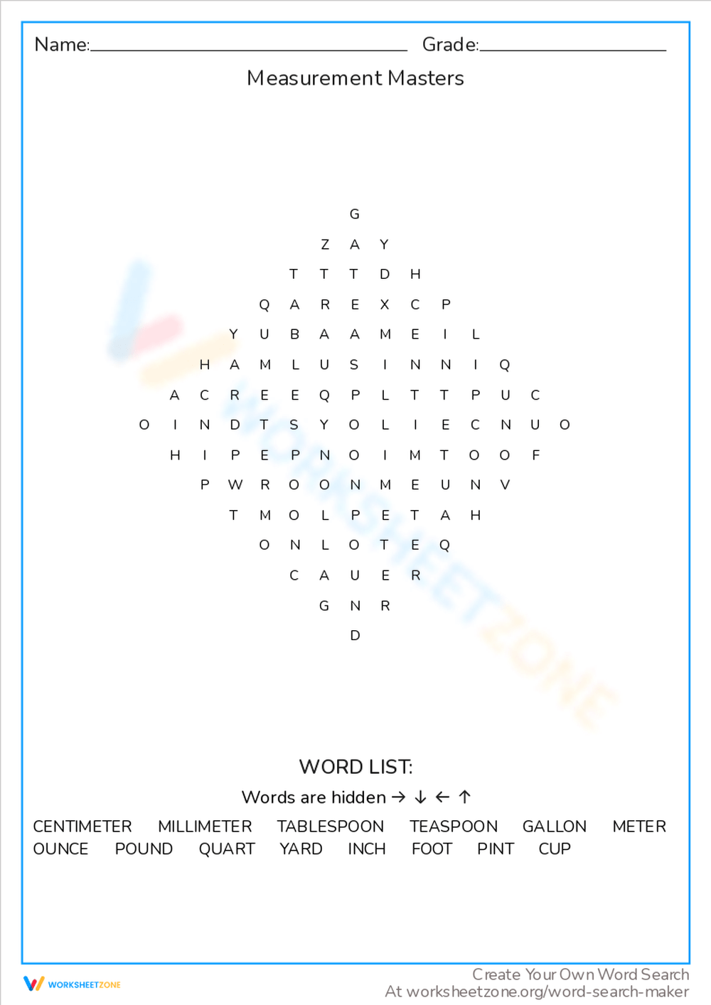 Printable Measure Things Word Search Worksheets
