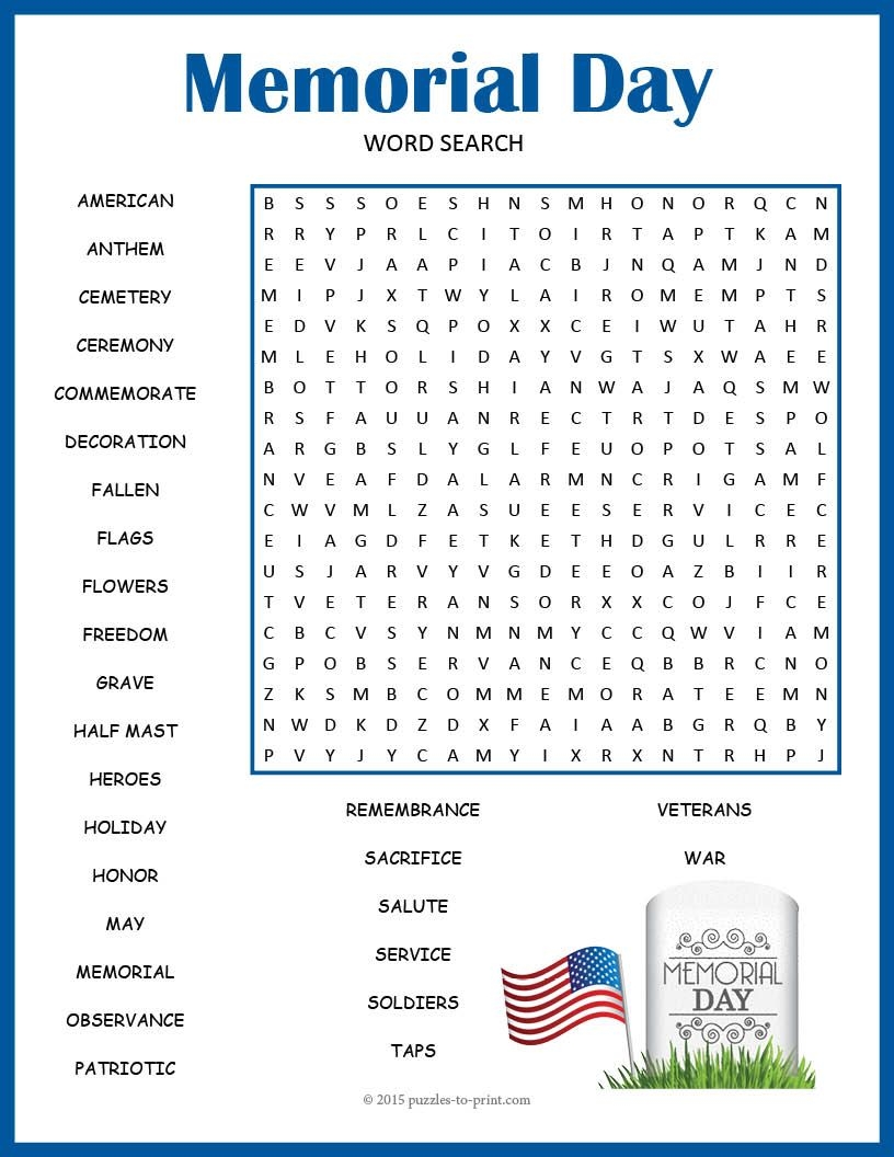 Printable Memorial Day Word Search Worksheets Library