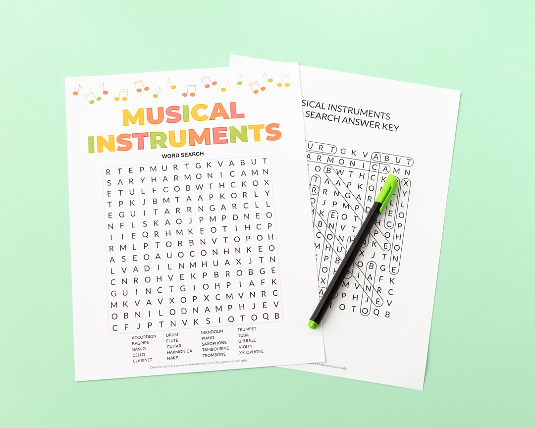 Printable Musical Instruments Word Search Chevron Lemon